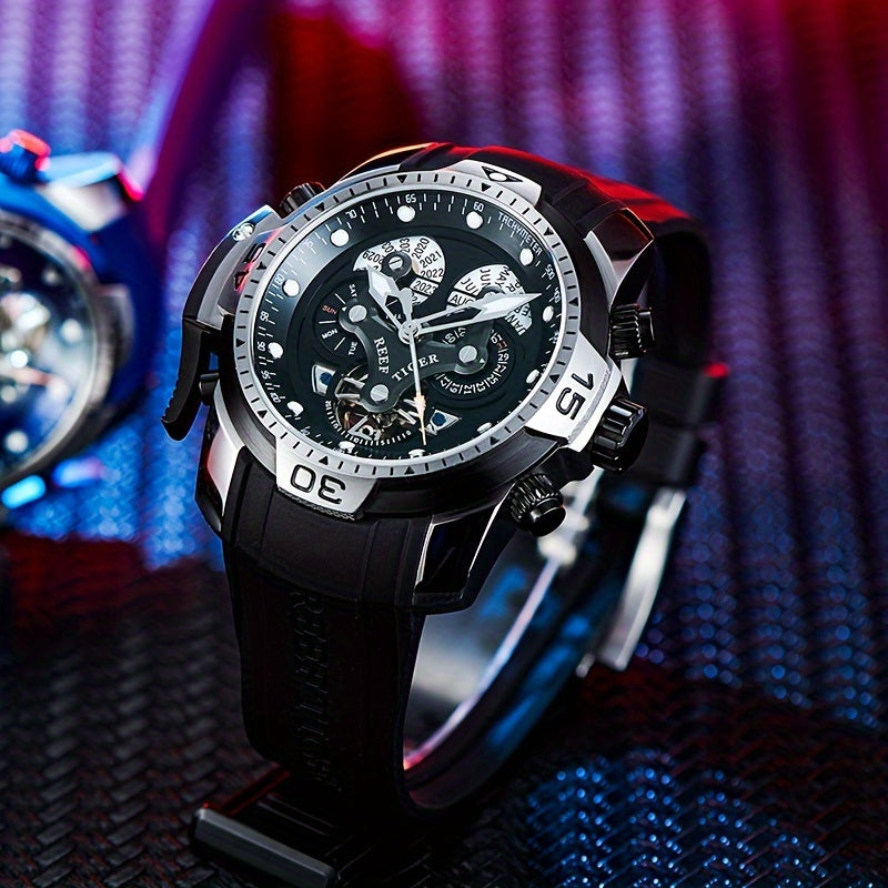 REEF TIGER Sport Automatic Watch - Big Dial Skeleton, Water Resistant, Stainless Steel, Date and Calendar