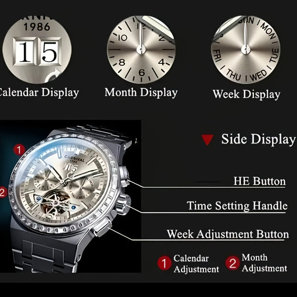 Carnival Men's Watch With HE Key Diving Watch Multi-function Men's Mechanical Watch Waterproof Wristwatch Holiday Gift