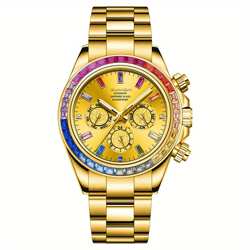 GUANQIN Men'S Luxury Mechanical Watch - Stainless Steel Dial & Band with Luminous Hands, 24H Display