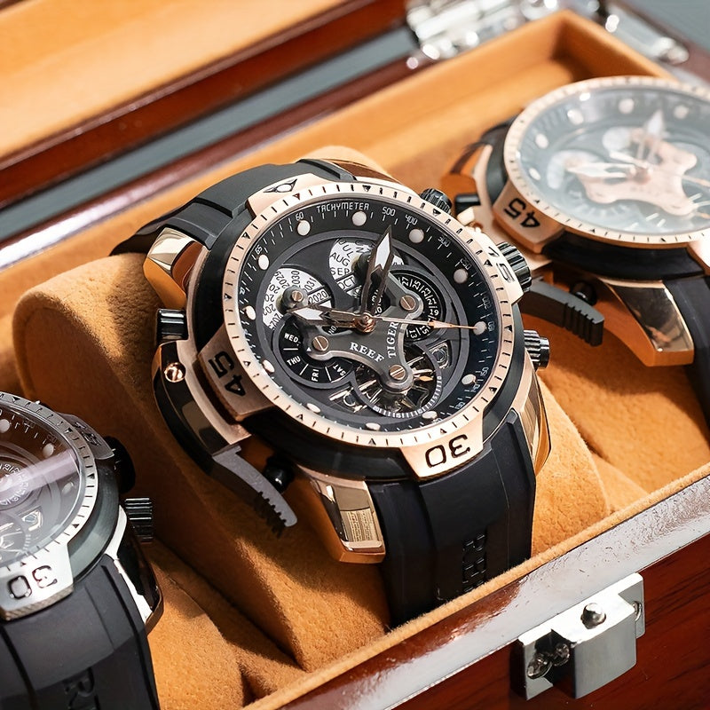 REEF TIGER Sport Automatic Watch - Big Dial Skeleton, Water Resistant, Stainless Steel, Date and Calendar