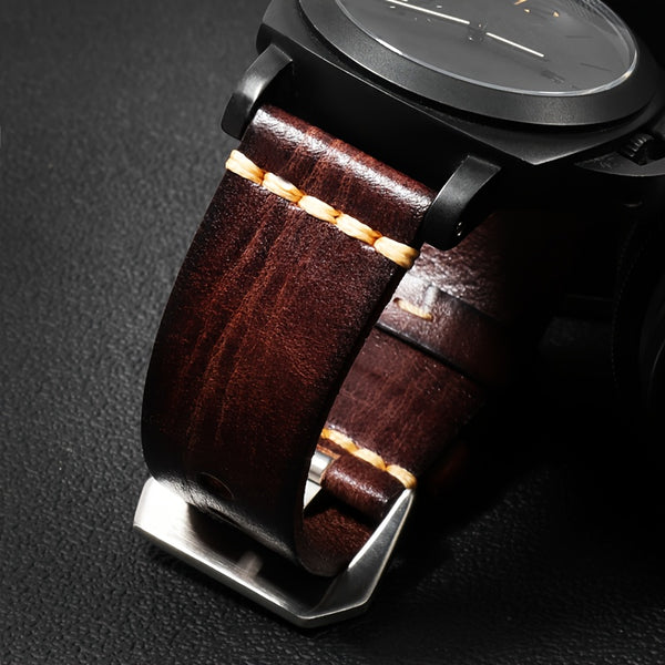 Men'S Vintage Style Genuine Leather Watch Strap, 20mm 22mm, Hand-Stitched Business Wristband with Metal Clasp