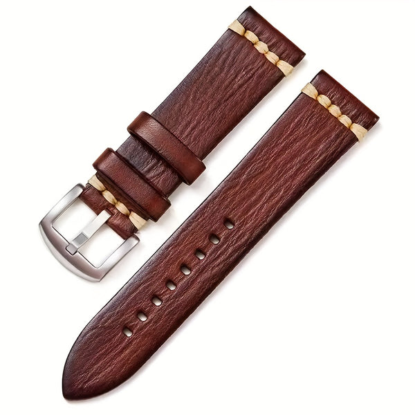 Men'S Vintage Style Genuine Leather Watch Strap, 20mm 22mm, Hand-Stitched Business Wristband with Metal Clasp
