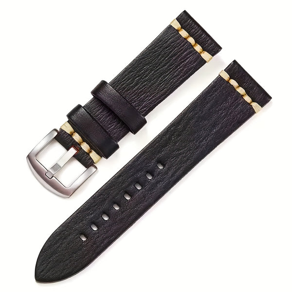 Men'S Vintage Style Genuine Leather Watch Strap, 20mm 22mm, Hand-Stitched Business Wristband with Metal Clasp