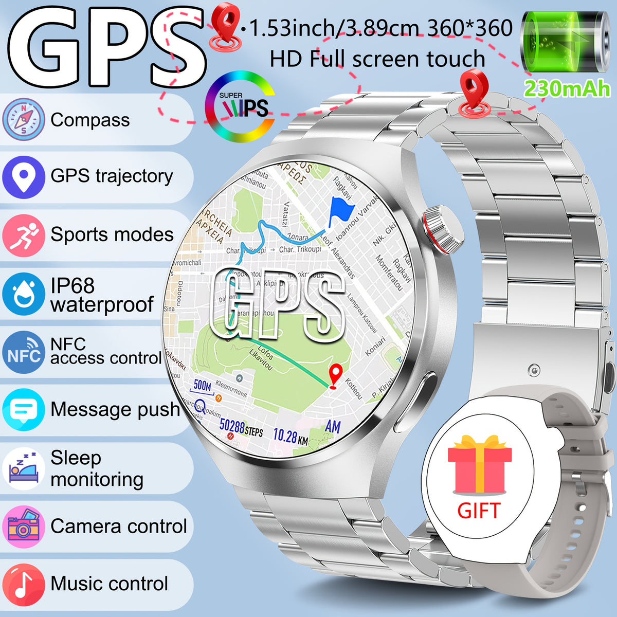 2025 New GPS Sports Smartwatch, 1, 53-inch Full Touch Screen, IP68 Swimming Watch with Built-in GPS Tracking