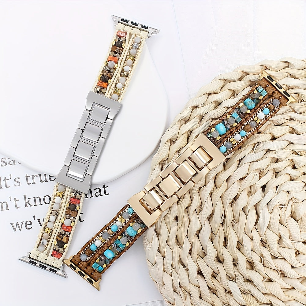 1pc Bohemian Style Natural Stone Beaded Apple Watch Strap, Unisex Bracelet with Dual Chain Options Available