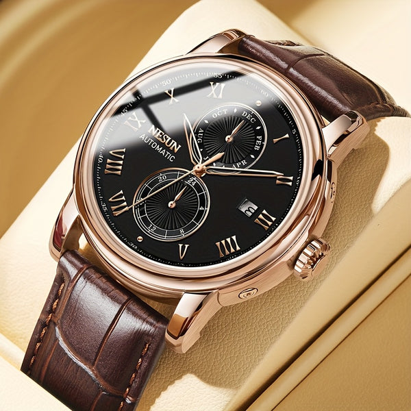 NESUN Men'S Automatic Mechanical Watch - Business Style, Stainless Steel Case, Hollow Dial