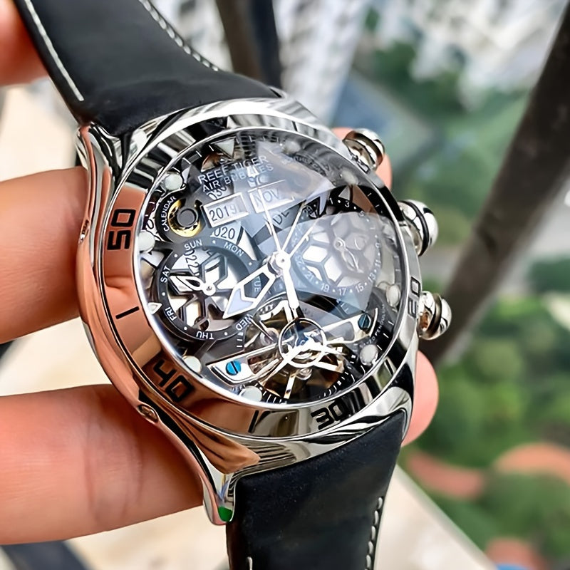 reef tiger Brand Men's Automatic Mechanical Watch Business Men's Watch Fashion Men's Sports Watch Silvery Case Black Face
