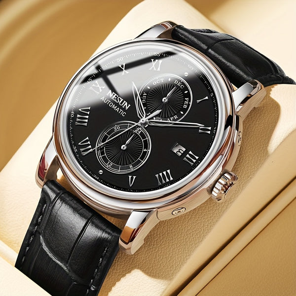 NESUN Men'S Automatic Mechanical Watch - Business Style, Stainless Steel Case, Hollow Dial