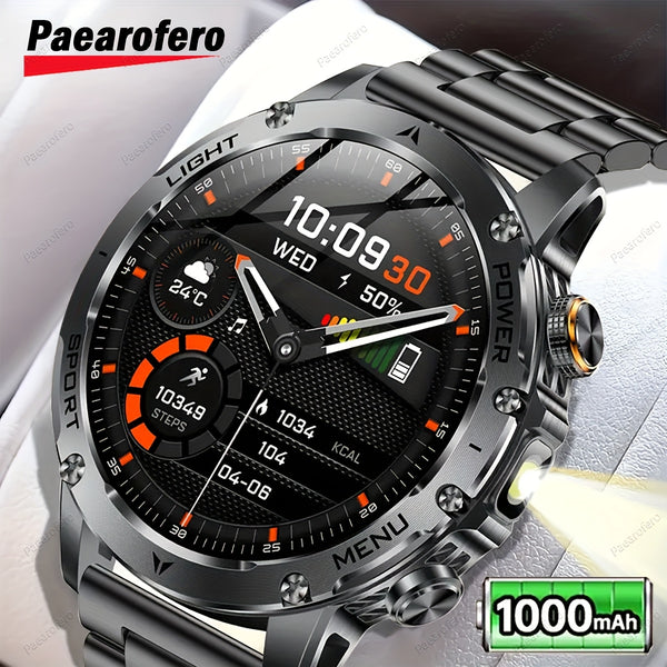 Paearofero 1000mAh Large Battery Outdoor Smartwatch, LED Flashlight, Wireless Calling, Voice Assistant