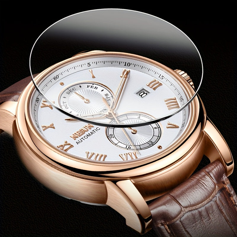 NESUN Men'S Automatic Mechanical Watch - Business Style, Stainless Steel Case, Hollow Dial