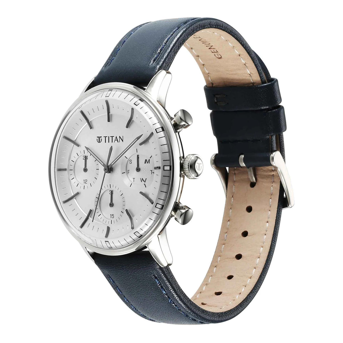 Titan Light Leathers Quartz Multifunction Black Dial Stainless Steel Strap Watch for Men – 42mm