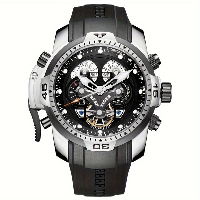 REEF TIGER Sport Automatic Watch - Big Dial Skeleton, Water Resistant, Stainless Steel, Date and Calendar