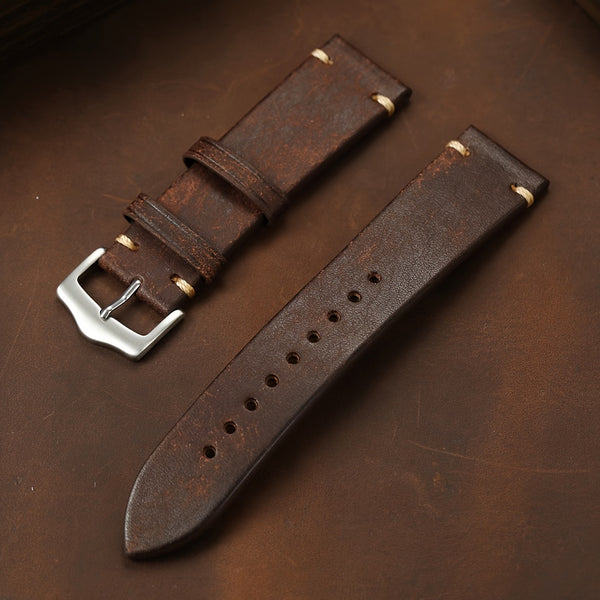 Men's Genuine Calf Leather Watch Strap - 20mm 22mm Width, Black Vintage Expandable Buckle