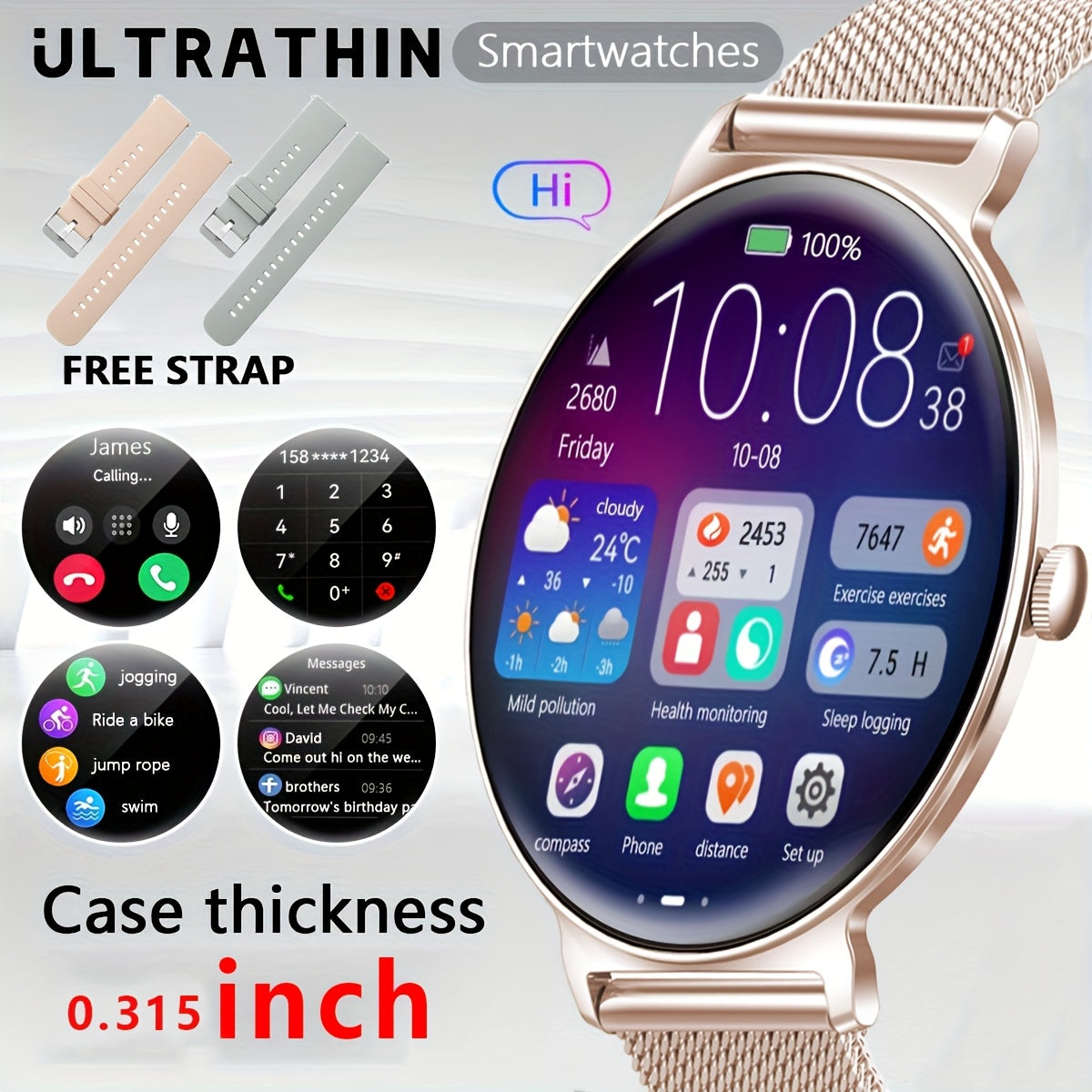 Ultra-Thin And Durable Smart Watch for Men And Women, Battery Life of 5-7 Days, Wireless Calling
