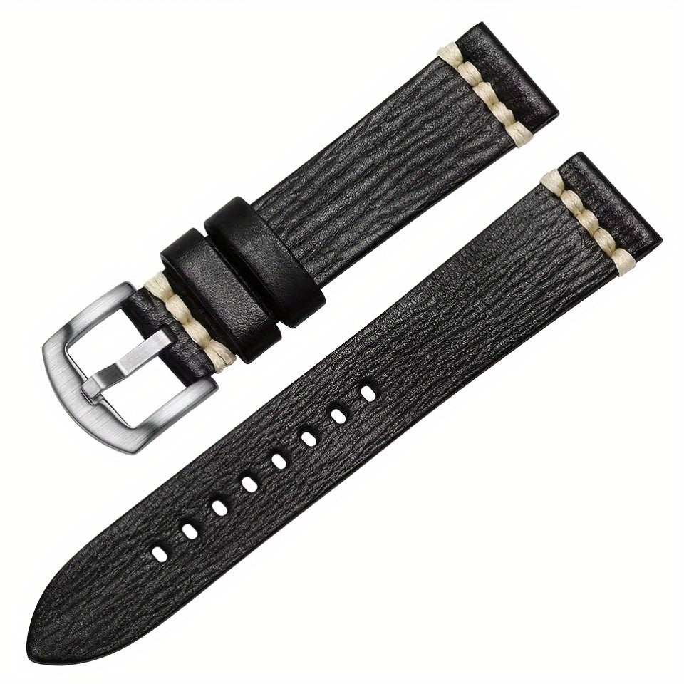 Men'S Vintage Style Genuine Leather Watch Strap, 20mm 22mm, Hand-Stitched Business Wristband with Metal Clasp