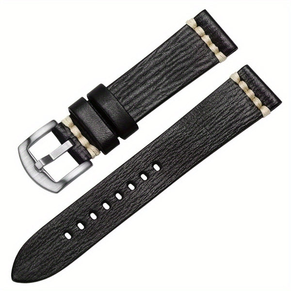 Men'S Vintage Style Genuine Leather Watch Strap, 20mm 22mm, Hand-Stitched Business Wristband with Metal Clasp