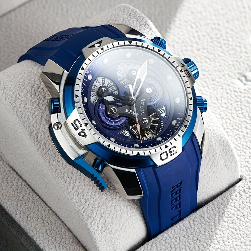 REEF TIGER Sport Automatic Watch - Big Dial Skeleton, Water Resistant, Stainless Steel, Date and Calendar