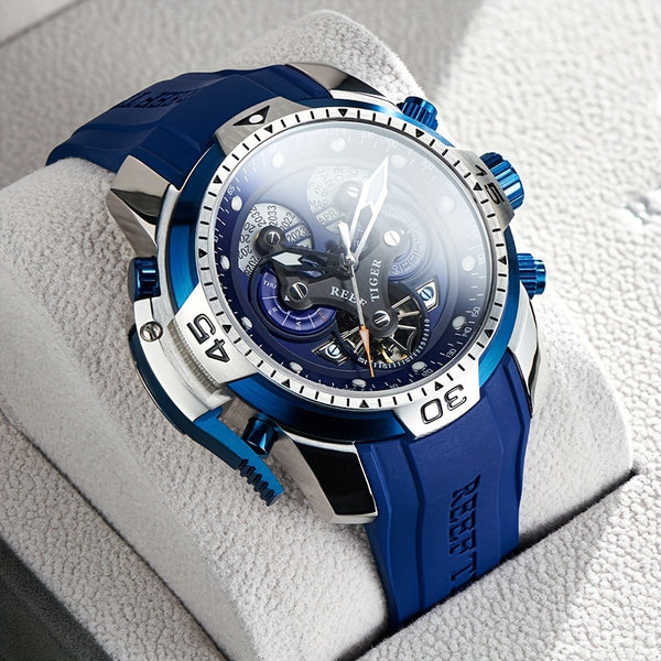 REEF TIGER Sport Automatic Watch - Big Dial Skeleton, Water Resistant, Stainless Steel, Date and Calendar