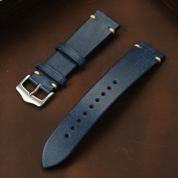Men's Genuine Calf Leather Watch Strap - 20mm 22mm Width, Black Vintage Expandable Buckle