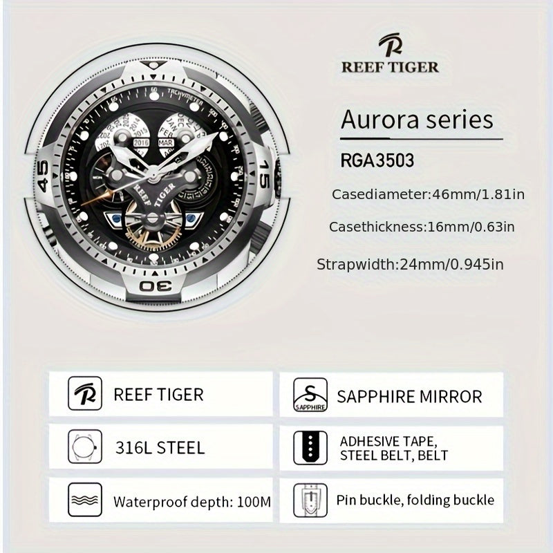 REEF TIGER Sport Automatic Watch - Big Dial Skeleton, Water Resistant, Stainless Steel, Date and Calendar
