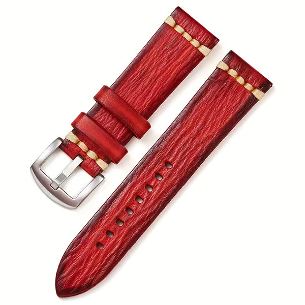 Men'S Vintage Style Genuine Leather Watch Strap, 20mm 22mm, Hand-Stitched Business Wristband with Metal Clasp