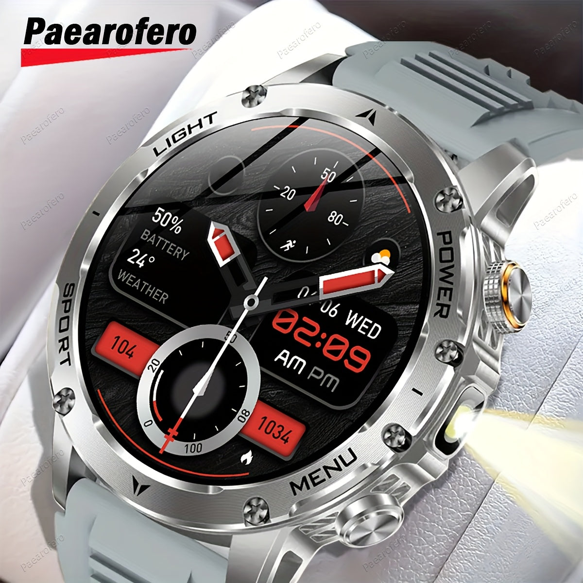Paearofero 1000mAh Large Battery Outdoor Smartwatch, LED Flashlight, Wireless Calling, Voice Assistant