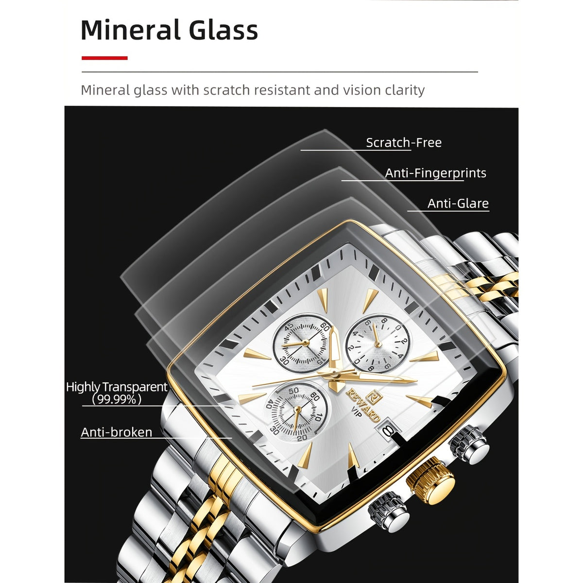 REWARD Rectangle Men'S Watches Quartz Wristwatches Luxury Business Watch Clock Luminous Hands Clock