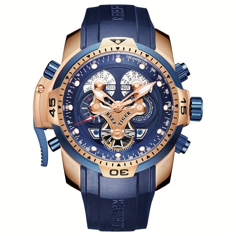 REEF TIGER Sport Automatic Watch - Big Dial Skeleton, Water Resistant, Stainless Steel, Date and Calendar