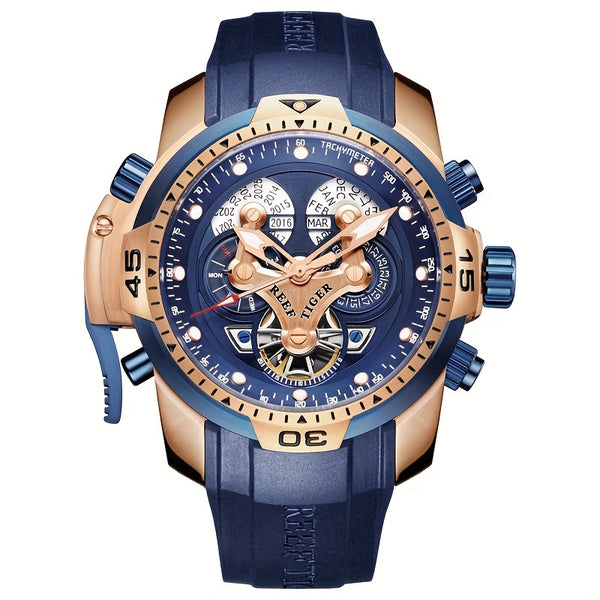 REEF TIGER Sport Automatic Watch - Big Dial Skeleton, Water Resistant, Stainless Steel, Date and Calendar