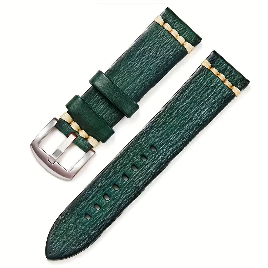 Men'S Vintage Style Genuine Leather Watch Strap, 20mm 22mm, Hand-Stitched Business Wristband with Metal Clasp