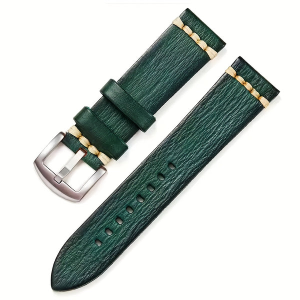 Men'S Vintage Style Genuine Leather Watch Strap, 20mm 22mm, Hand-Stitched Business Wristband with Metal Clasp