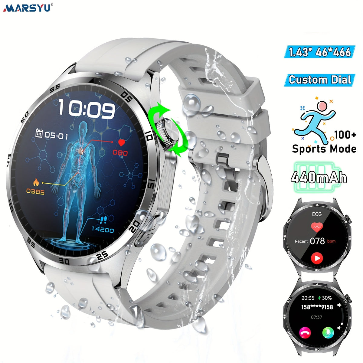 Marsyu Smartwatch with Wireless 5.0 Calls, 440mAh Long-Lasting Battery, 1.43\