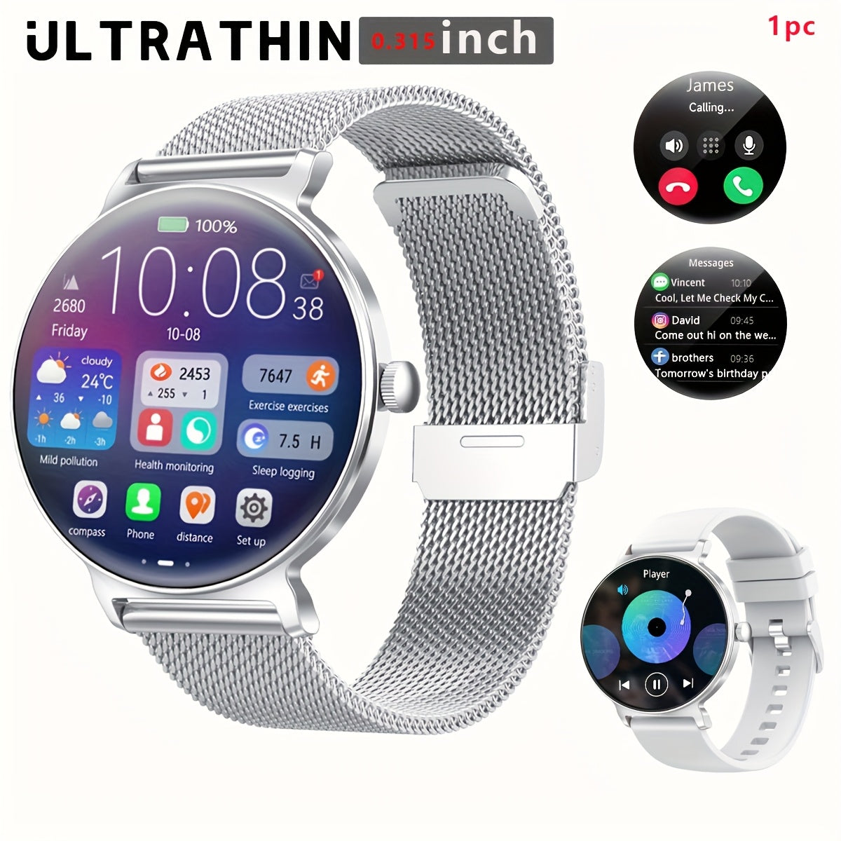 Ultra-Thin And Durable Smart Watch for Men And Women, Battery Life of 5-7 Days, Wireless Calling
