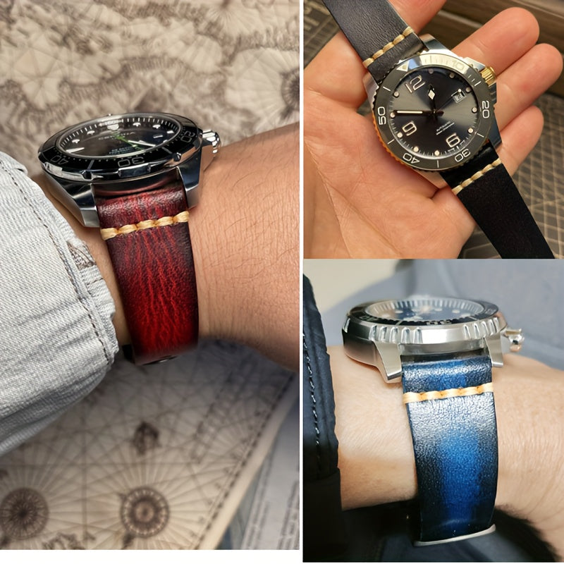 Men'S Vintage Style Genuine Leather Watch Strap, 20mm 22mm, Hand-Stitched Business Wristband with Metal Clasp