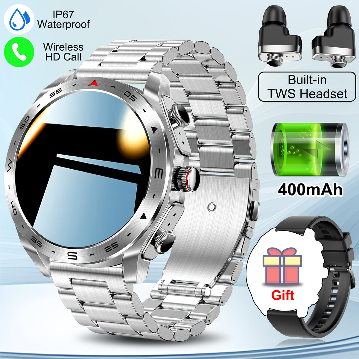 2025 new Men's smart watch, built-in TWS wireless headset, supports wireless calls, message push