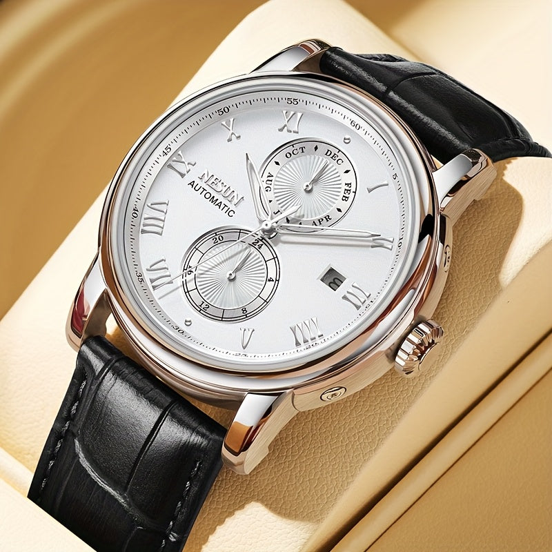 NESUN Men'S Automatic Mechanical Watch - Business Style, Stainless Steel Case, Hollow Dial