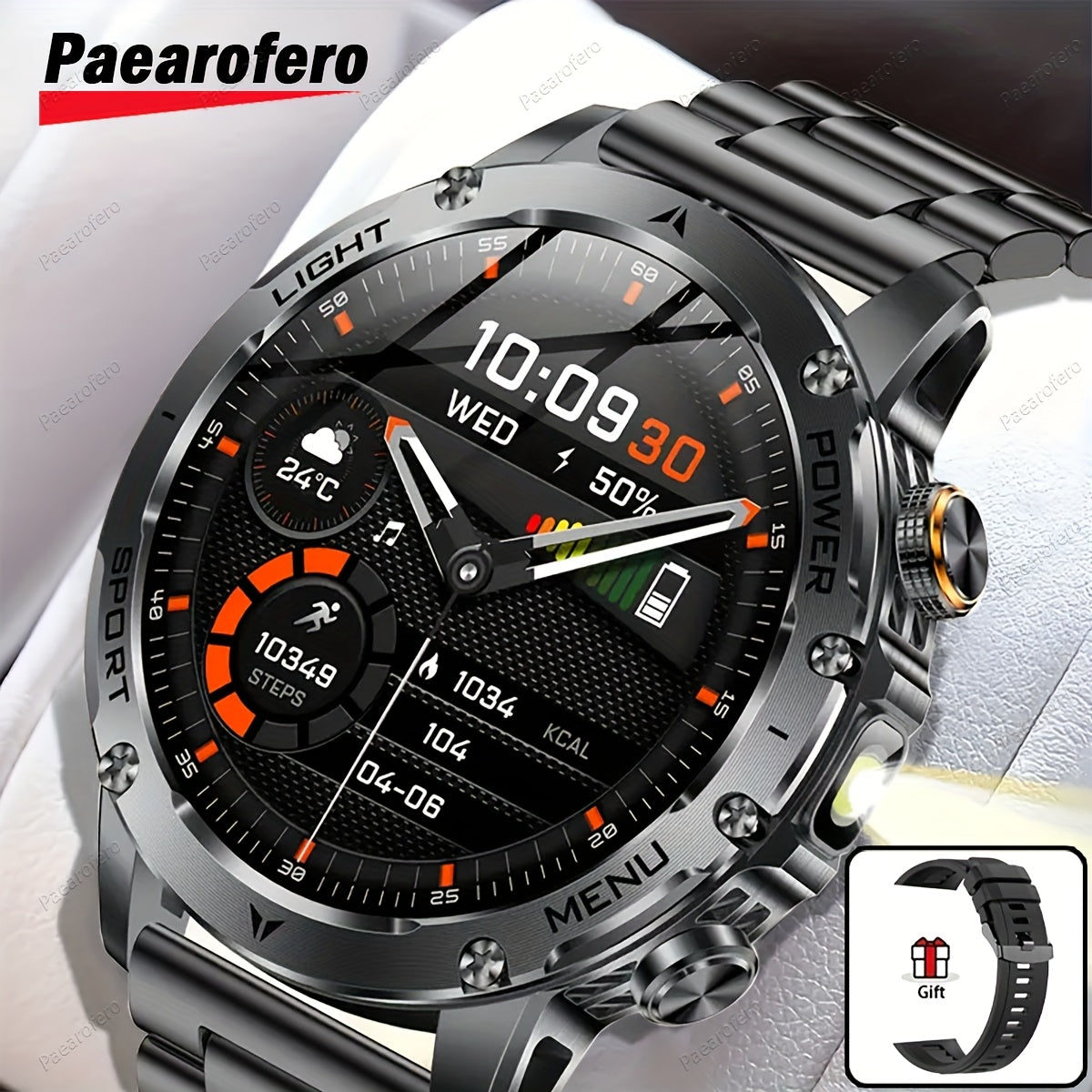 Paearofero 1000mAh Large Battery Outdoor Smartwatch, LED Flashlight, Wireless Calling, Voice Assistant