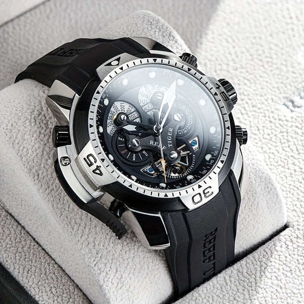 REEF TIGER Sport Automatic Watch - Big Dial Skeleton, Water Resistant, Stainless Steel, Date and Calendar