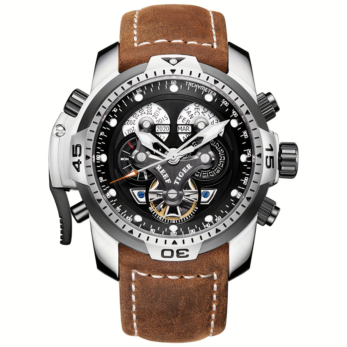 REEF TIGER Sport Automatic Watch - Big Dial Skeleton, Water Resistant, Stainless Steel, Date and Calendar