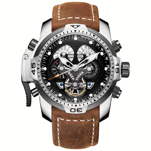 REEF TIGER Sport Automatic Watch - Big Dial Skeleton, Water Resistant, Stainless Steel, Date and Calendar