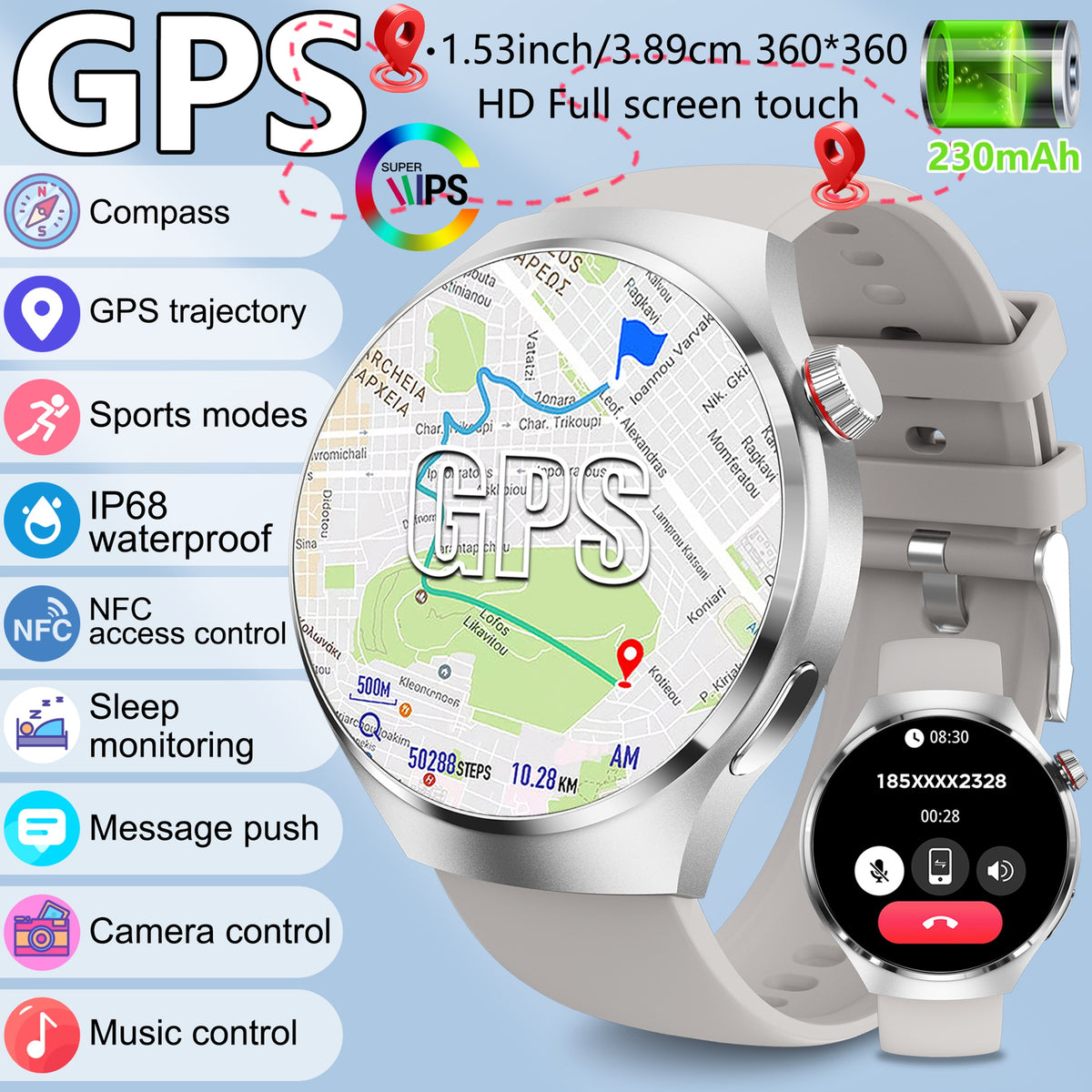 2025 New GPS Sports Smartwatch, 1, 53-inch Full Touch Screen, IP68 Swimming Watch with Built-in GPS Tracking