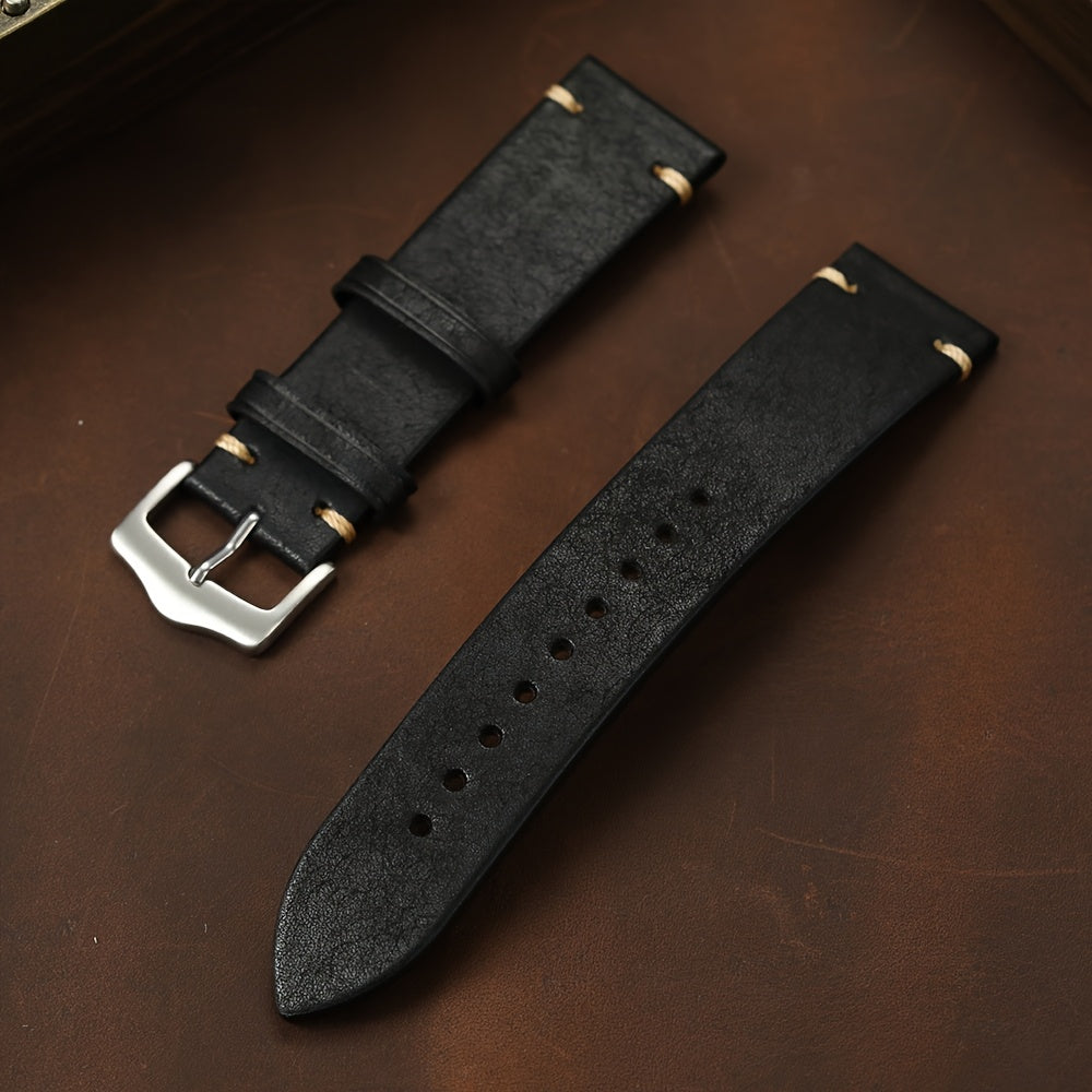 Men's Genuine Calf Leather Watch Strap - 20mm 22mm Width, Black Vintage Expandable Buckle