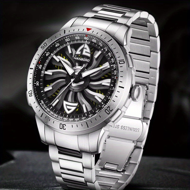 1pc Youth Men's Silvery Black Steel Belt Avant-garde Ruffian Car Turntable Scale Automatic Mechanical Watch