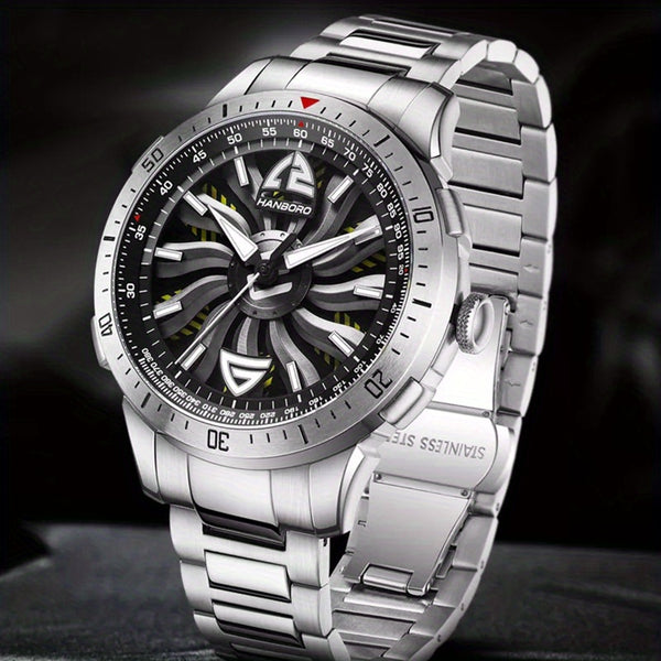 1pc Youth Men's Silvery Black Steel Belt Avant-garde Ruffian Car Turntable Scale Automatic Mechanical Watch