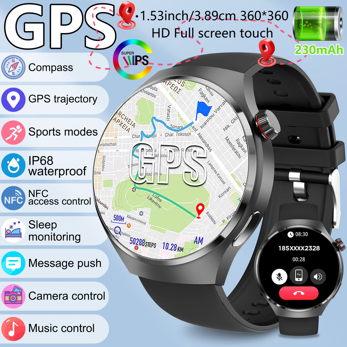 2025 New GPS Sports Smartwatch, 1, 53-inch Full Touch Screen, IP68 Swimming Watch with Built-in GPS Tracking