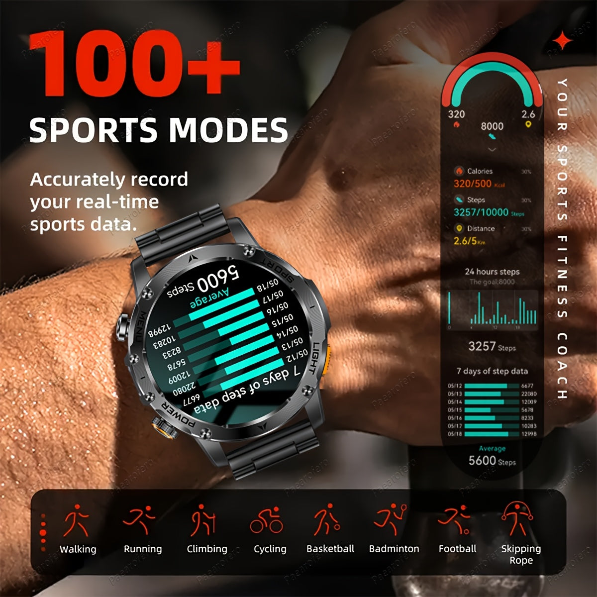 Paearofero 1000mAh Large Battery Outdoor Smartwatch, LED Flashlight, Wireless Calling, Voice Assistant