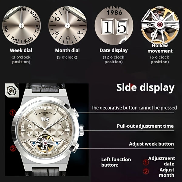 CARNIVAL Men's Luxury Automatic Mechanical Watch - Flywheel Mechanism, Chronograph