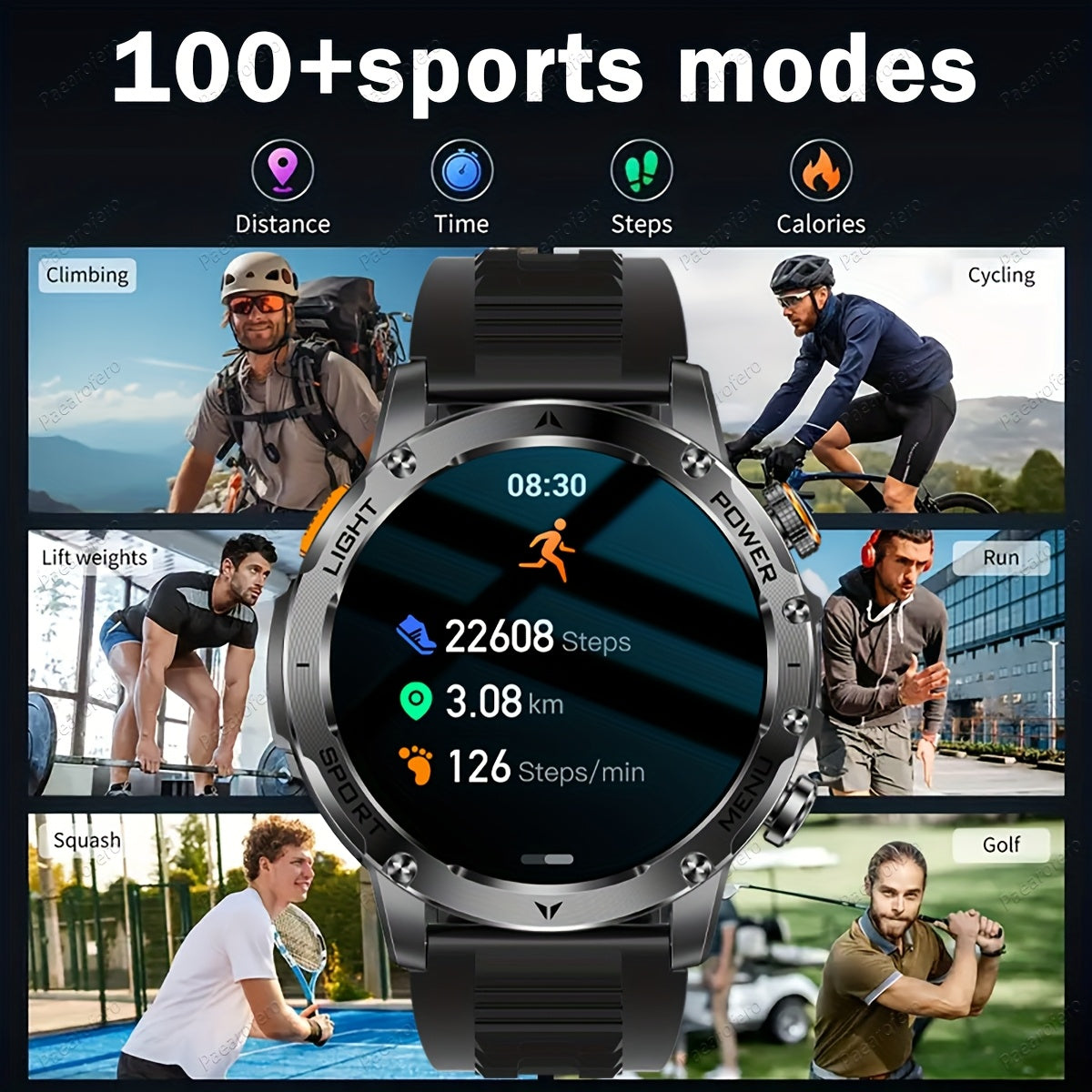 Paearofero 1000mAh Large Battery Outdoor Smartwatch, LED Flashlight, Wireless Calling, Voice Assistant