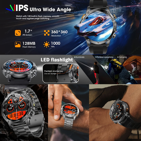 Paearofero 1000mAh Large Battery Outdoor Smartwatch, LED Flashlight, Wireless Calling, Voice Assistant