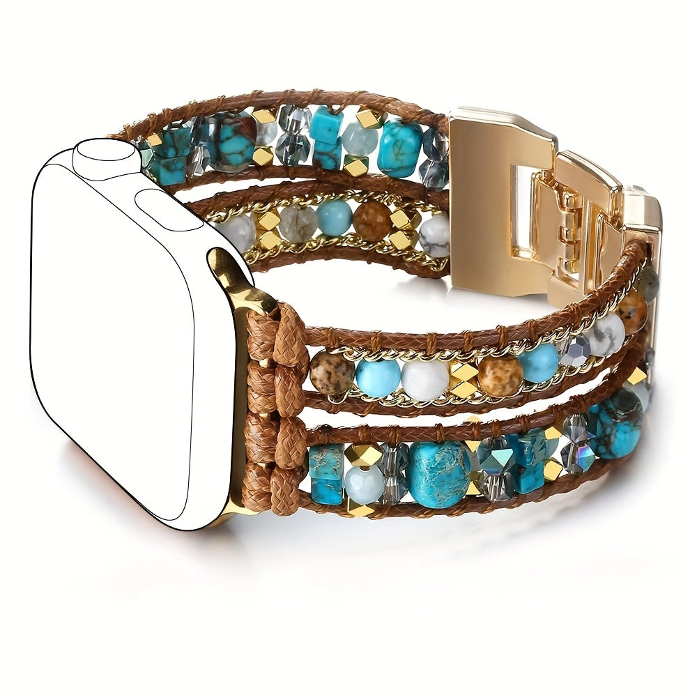 1pc Bohemian Style Natural Stone Beaded Apple Watch Strap, Unisex Bracelet with Dual Chain Options Available